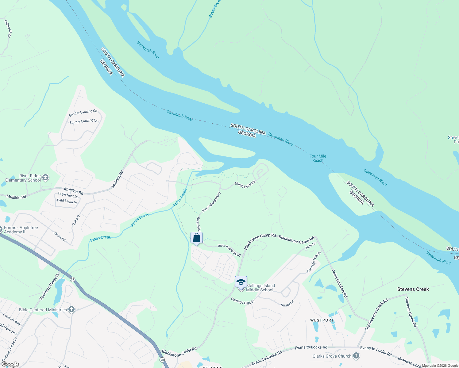 map of restaurants, bars, coffee shops, grocery stores, and more near 722 Marsh Point Road in Evans