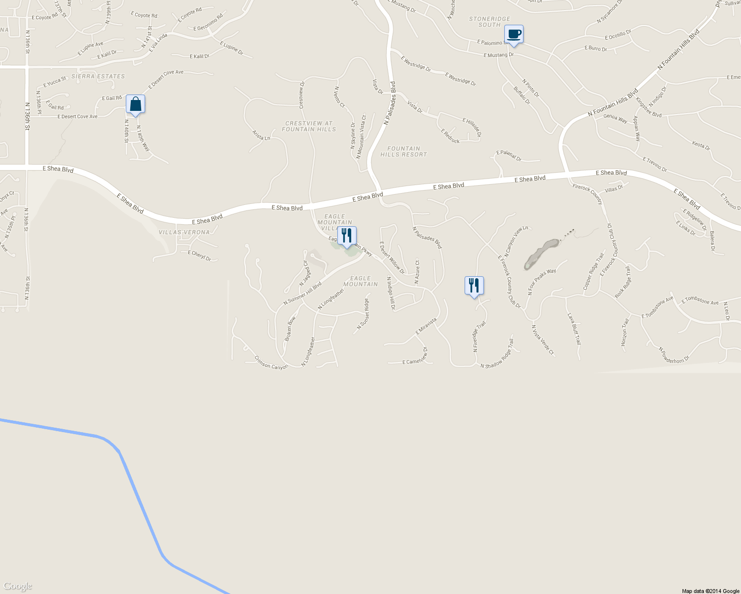 map of restaurants, bars, coffee shops, grocery stores, and more near 9435 North Sunset Ridge in Fountain Hills