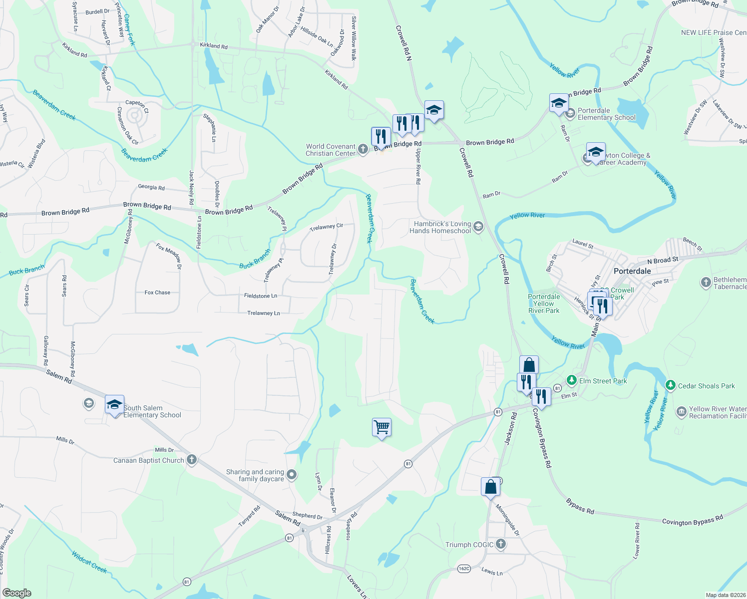 map of restaurants, bars, coffee shops, grocery stores, and more near 40 Tuesday Court in Covington