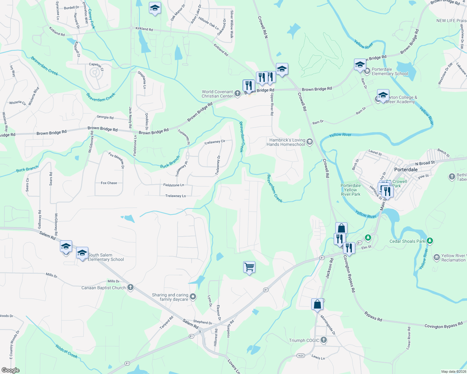 map of restaurants, bars, coffee shops, grocery stores, and more near 55 Havenwood Lane in Covington