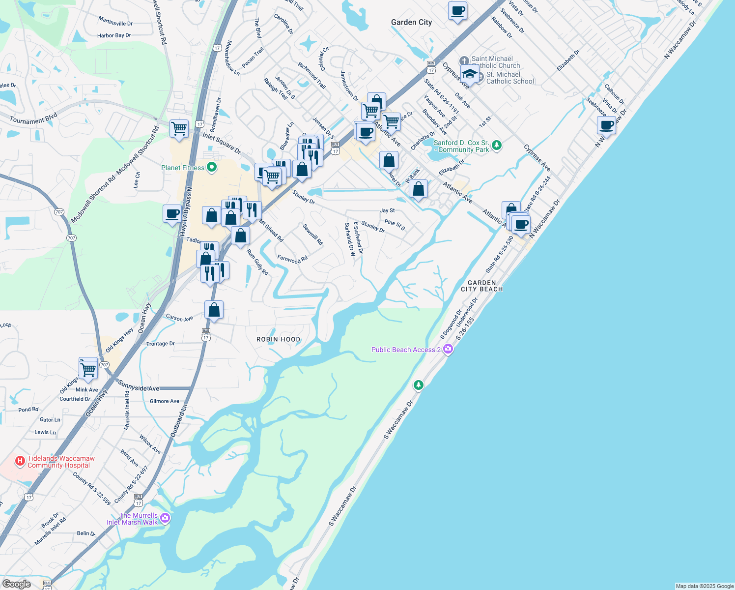 map of restaurants, bars, coffee shops, grocery stores, and more near 660 N Creekside Dr in Murrells Inlet