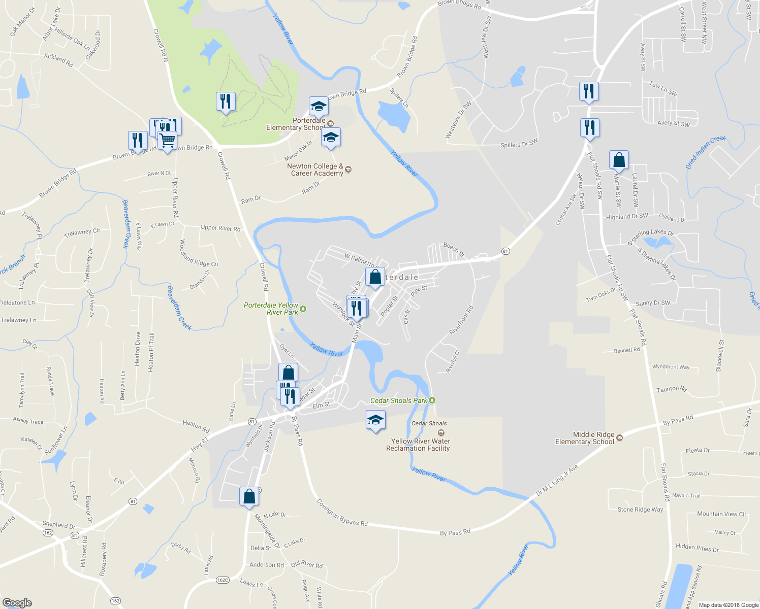 map of restaurants, bars, coffee shops, grocery stores, and more near 2 North Broad Street in Porterdale