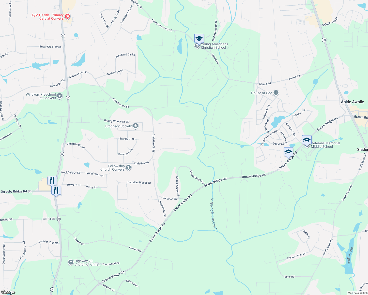map of restaurants, bars, coffee shops, grocery stores, and more near 145 Lanella Parkway in Conyers