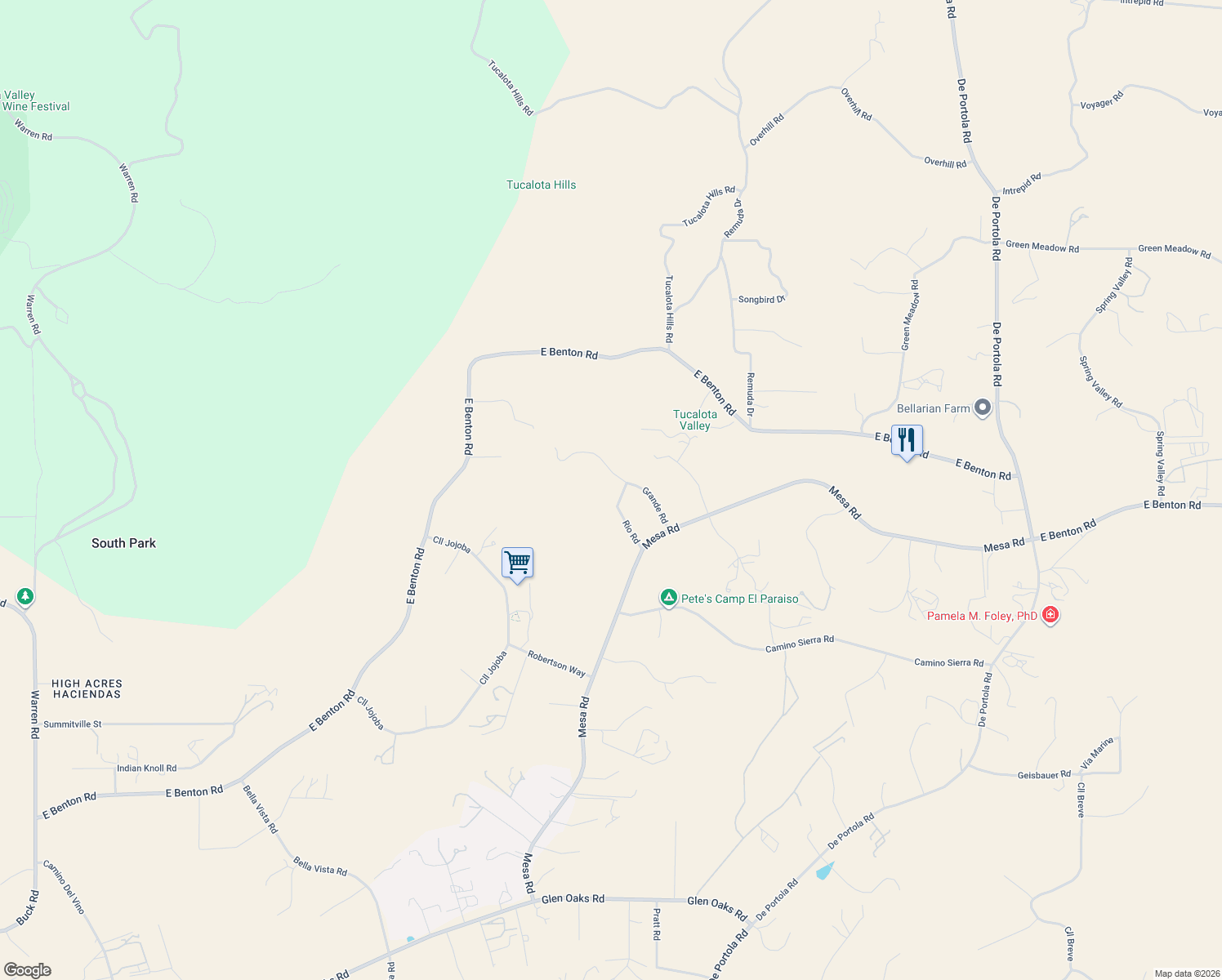 map of restaurants, bars, coffee shops, grocery stores, and more near 37300-37620 Grande Road in Temecula