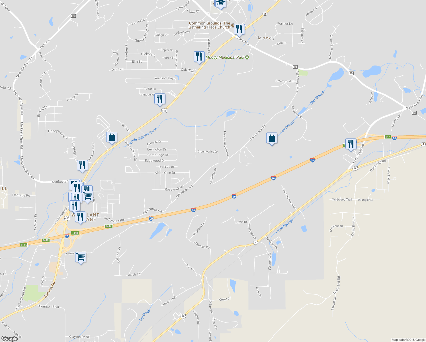 map of restaurants, bars, coffee shops, grocery stores, and more near 2236 Carl Jones Road in Moody