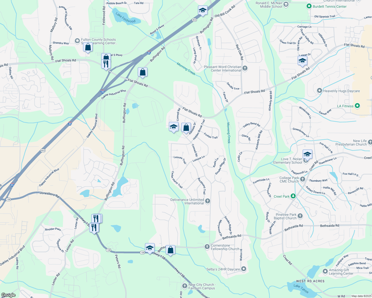 map of restaurants, bars, coffee shops, grocery stores, and more near 115 Hidden Brook Ct in Atlanta