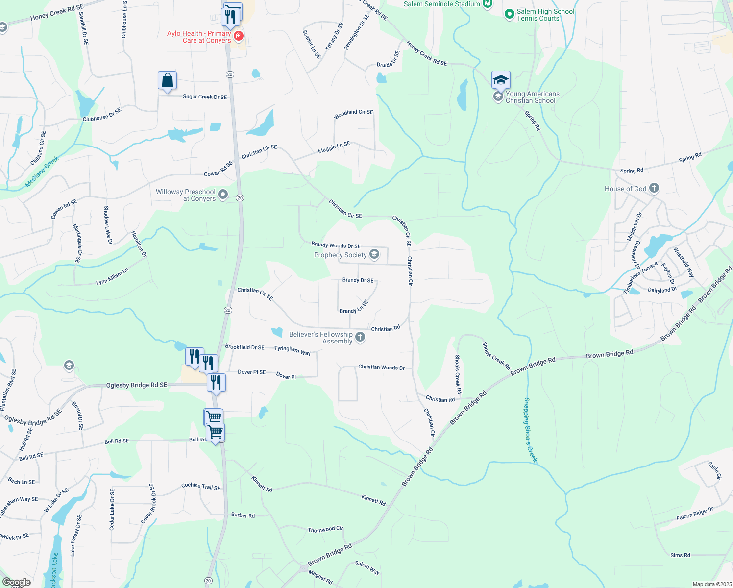 map of restaurants, bars, coffee shops, grocery stores, and more near 1830 Brandy Lane Southeast in Conyers