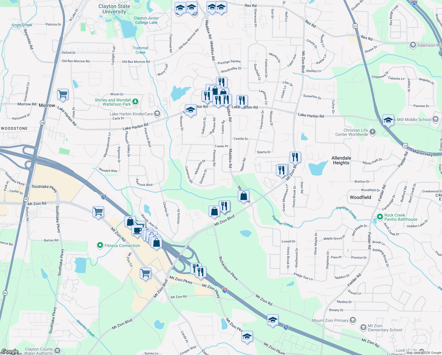 map of restaurants, bars, coffee shops, grocery stores, and more near 2346 Carousel Park Dr in Morrow