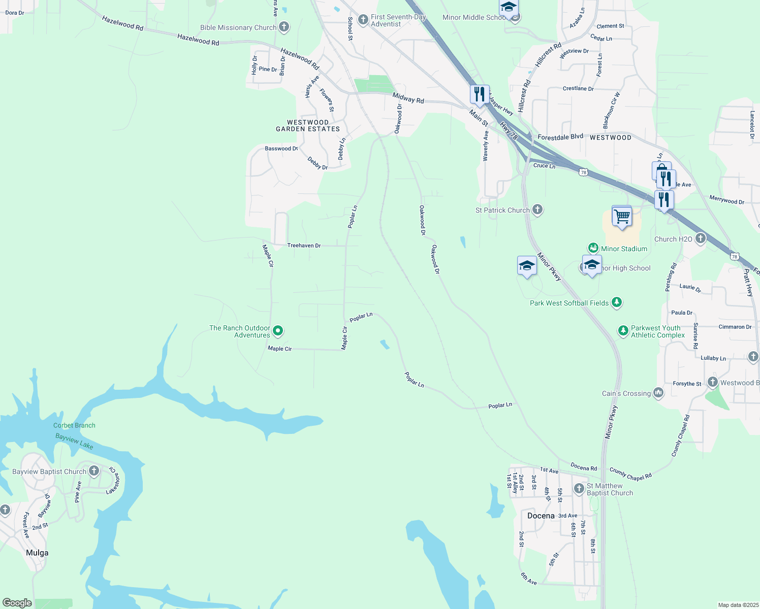 map of restaurants, bars, coffee shops, grocery stores, and more near 900 England Dr in Adamsville