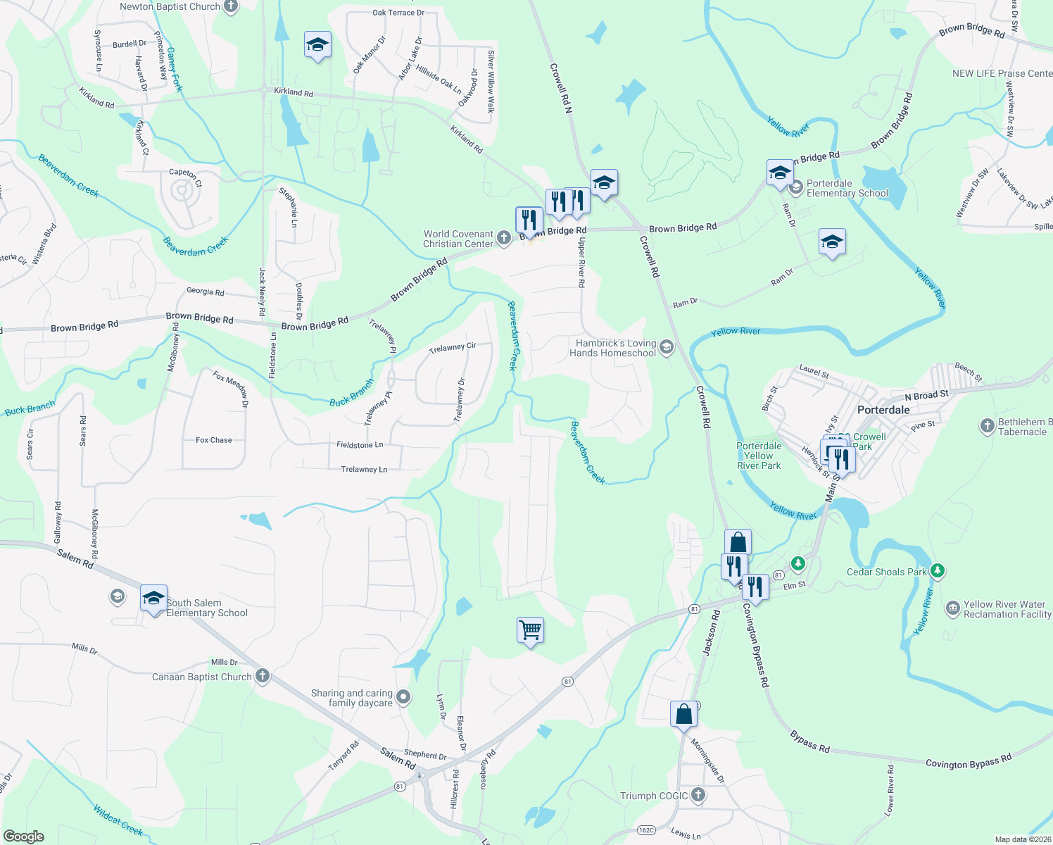 map of restaurants, bars, coffee shops, grocery stores, and more near 470 Mincy Way in Covington