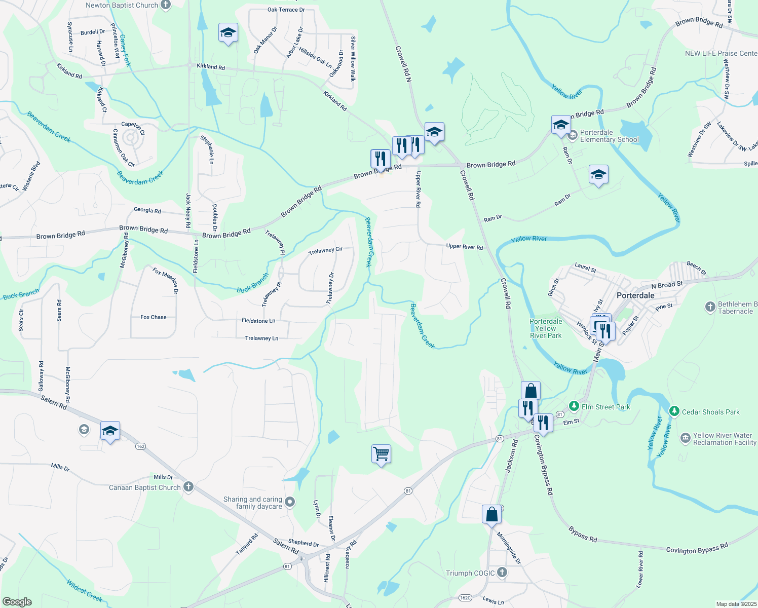 map of restaurants, bars, coffee shops, grocery stores, and more near 470 Mincy Way in Covington
