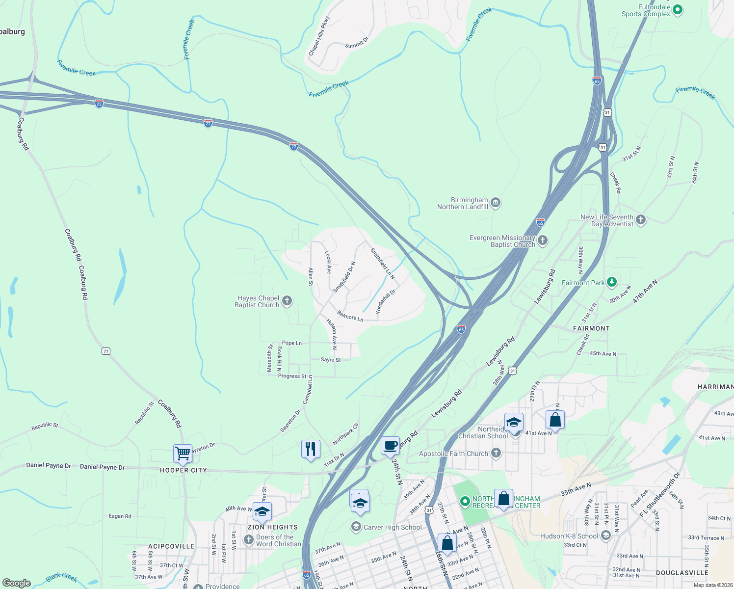 map of restaurants, bars, coffee shops, grocery stores, and more near 4830 Marigold Avenue in Birmingham