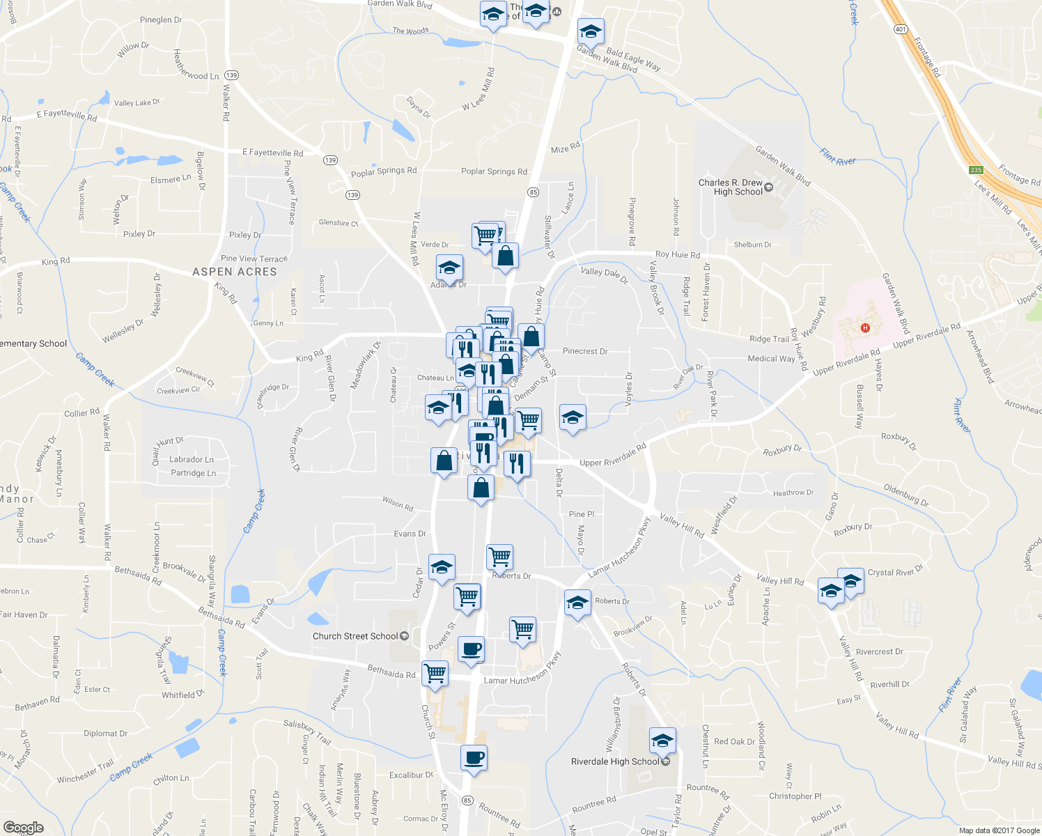 map of restaurants, bars, coffee shops, grocery stores, and more near 639 Lassiter Street in Riverdale