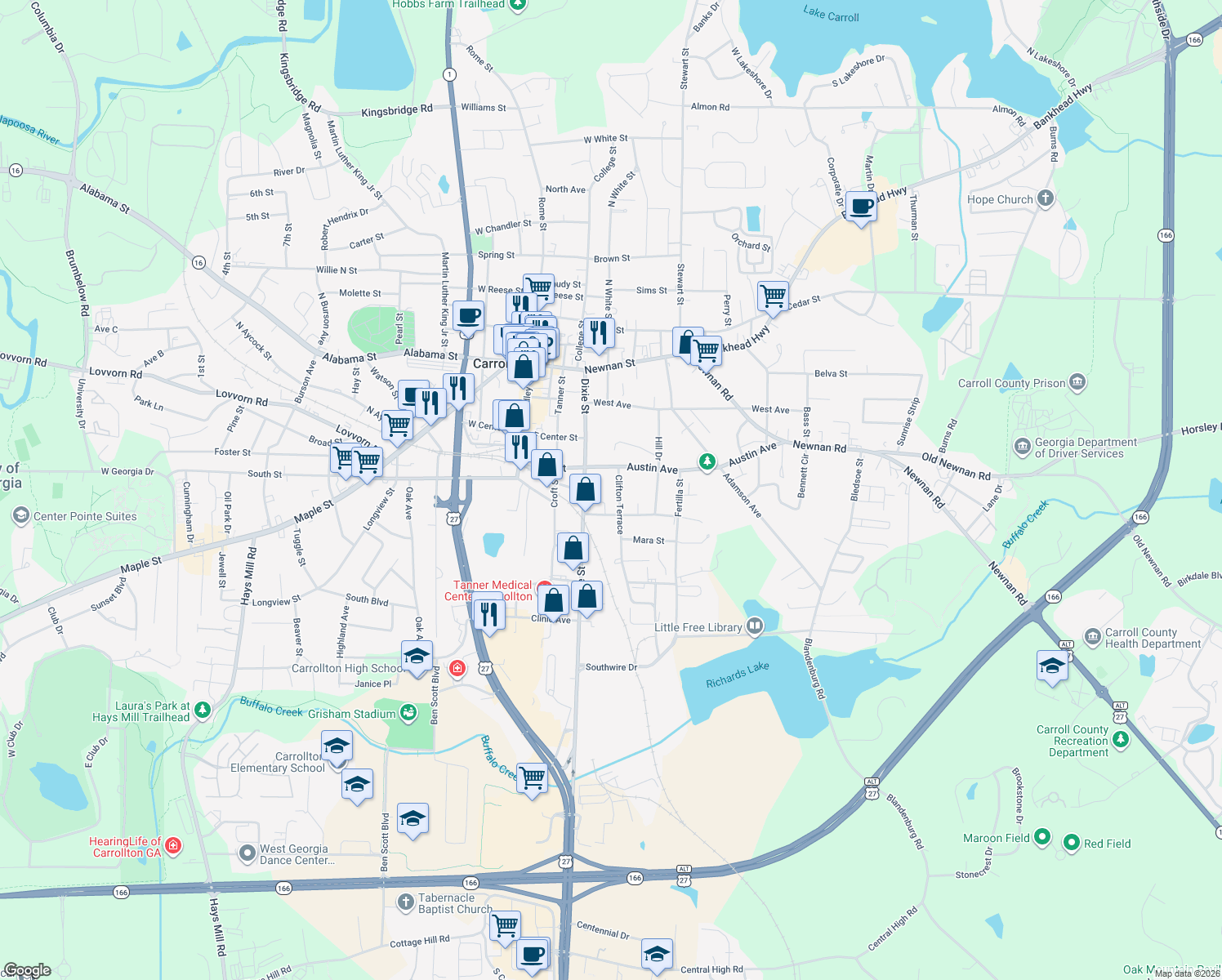 map of restaurants, bars, coffee shops, grocery stores, and more near 115 Clifton Terrace in Carrollton