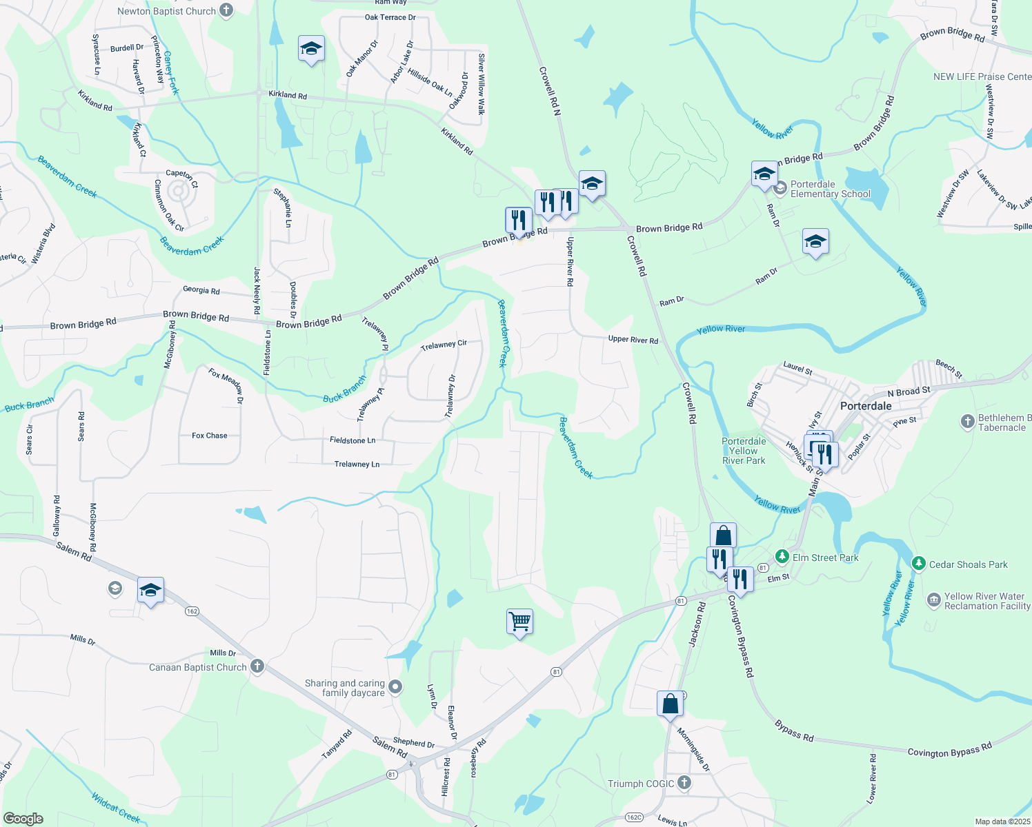 map of restaurants, bars, coffee shops, grocery stores, and more near 480 Mincy Way in Covington