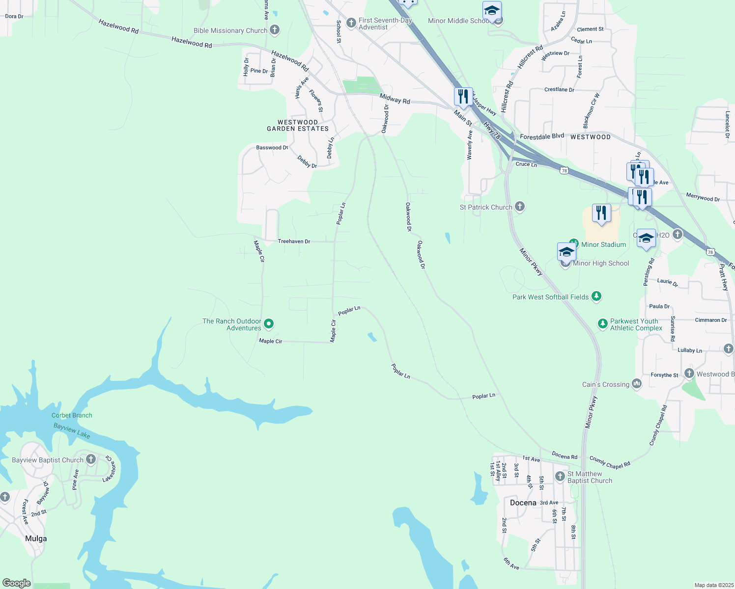map of restaurants, bars, coffee shops, grocery stores, and more near 900 England Drive in Adamsville