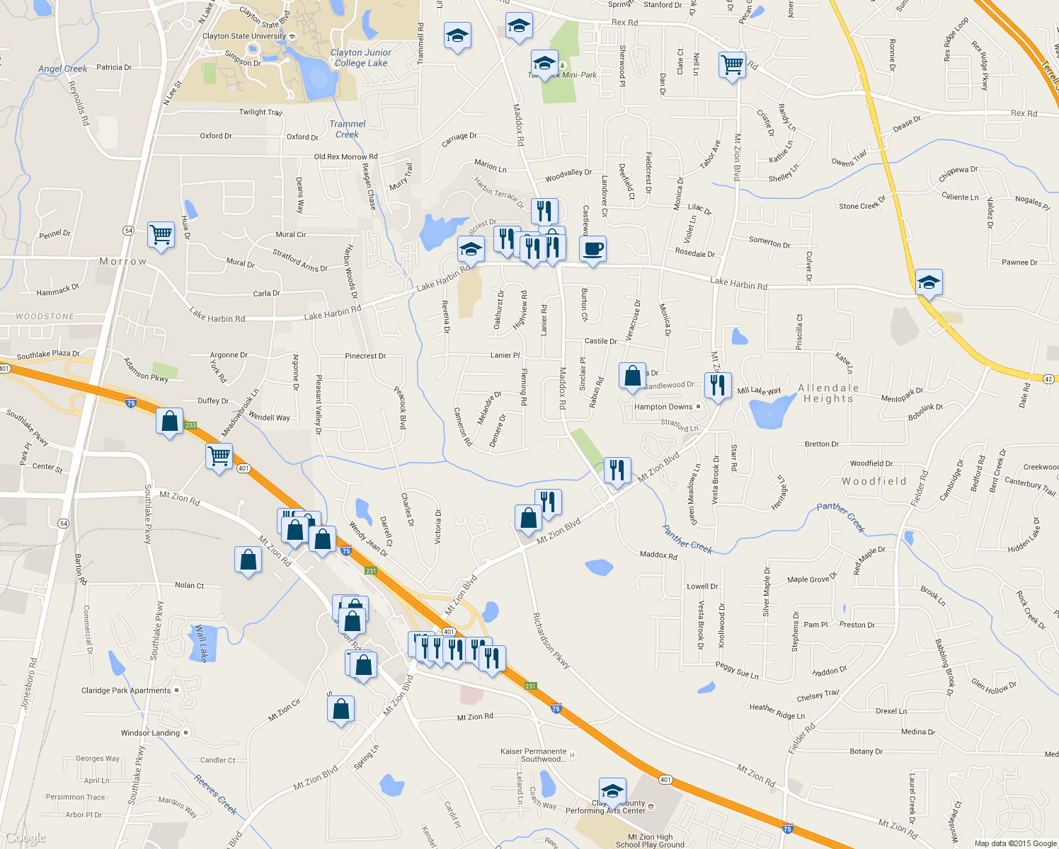 map of restaurants, bars, coffee shops, grocery stores, and more near 6596 Fleming Road in Morrow