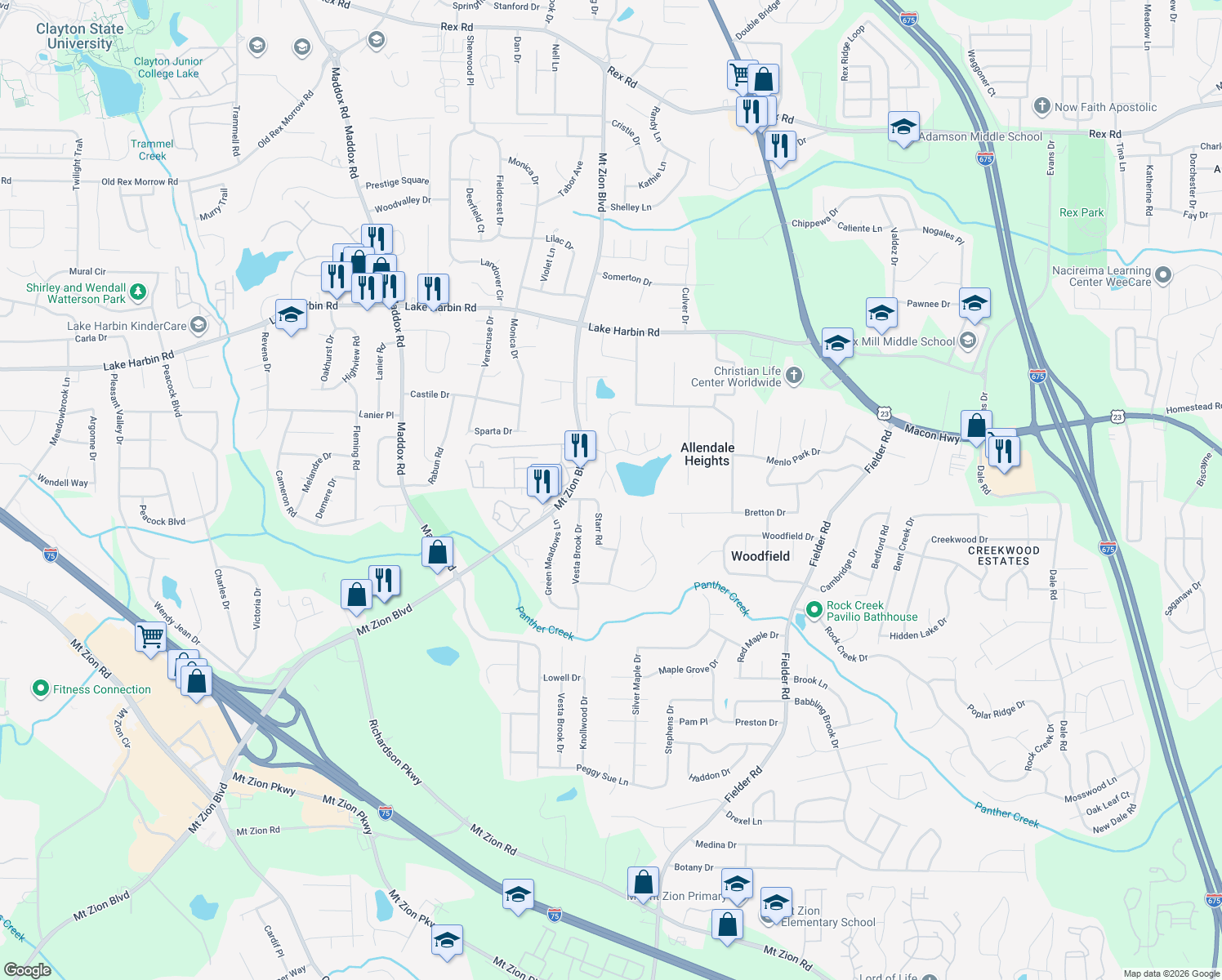 map of restaurants, bars, coffee shops, grocery stores, and more near 6579 Oak Mill Court in Morrow