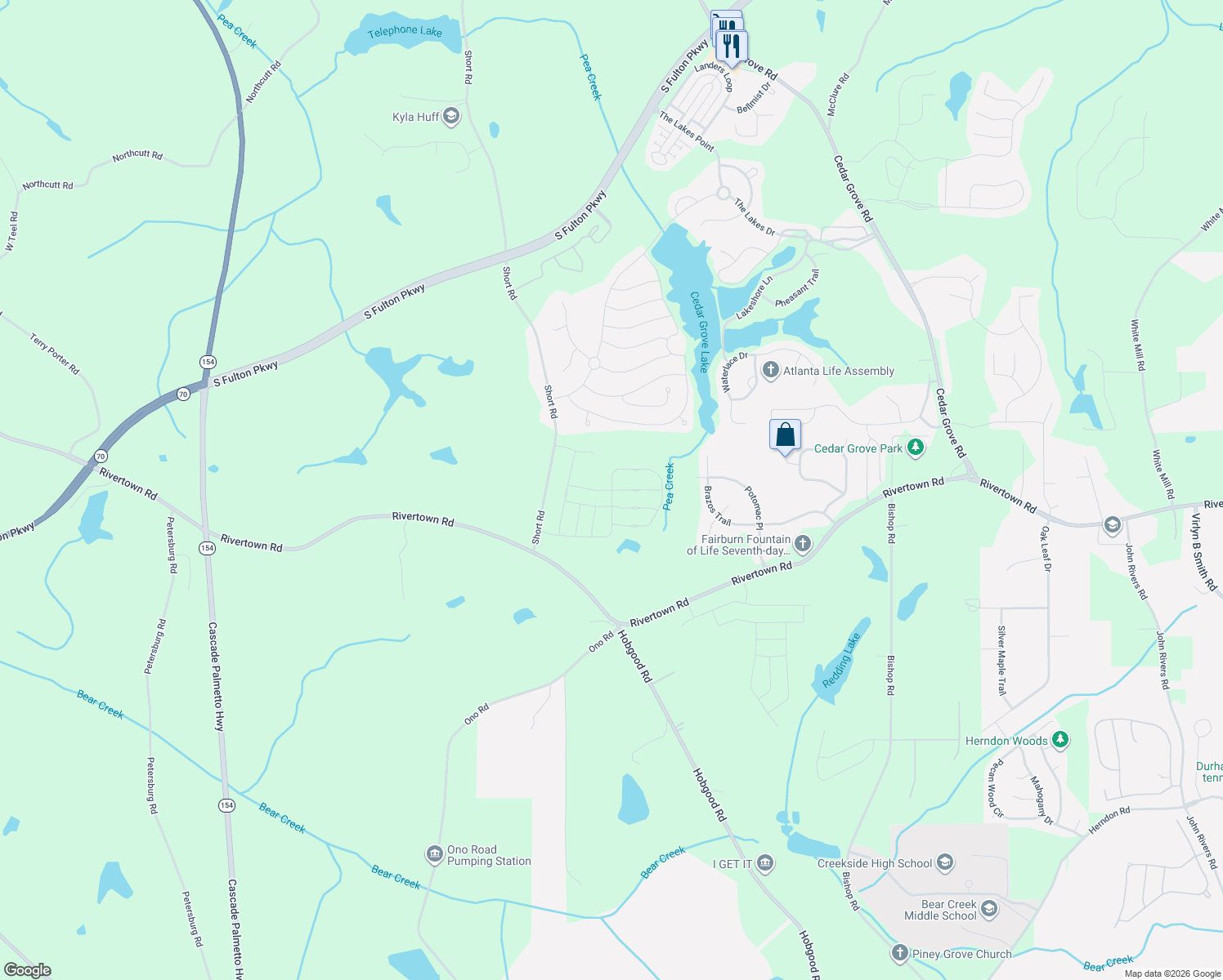 map of restaurants, bars, coffee shops, grocery stores, and more near 7975 RiverTown Road in Fairburn