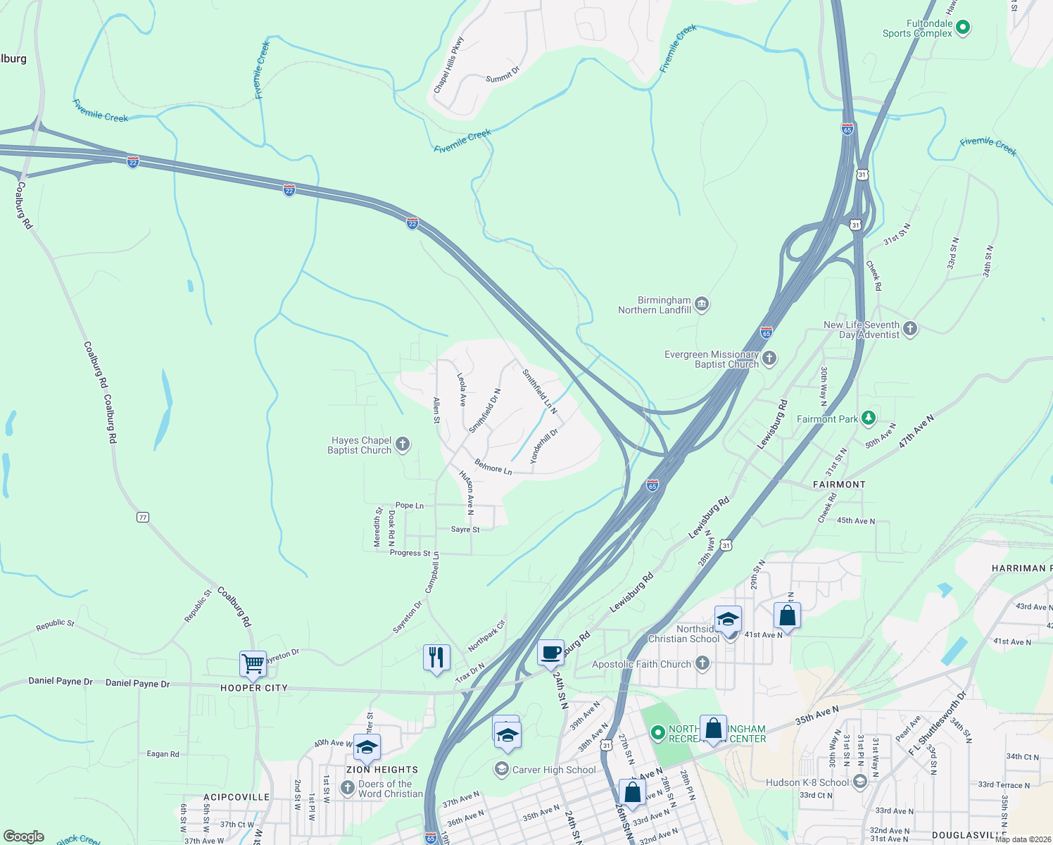 map of restaurants, bars, coffee shops, grocery stores, and more near 4830 Marigold Avenue in Birmingham