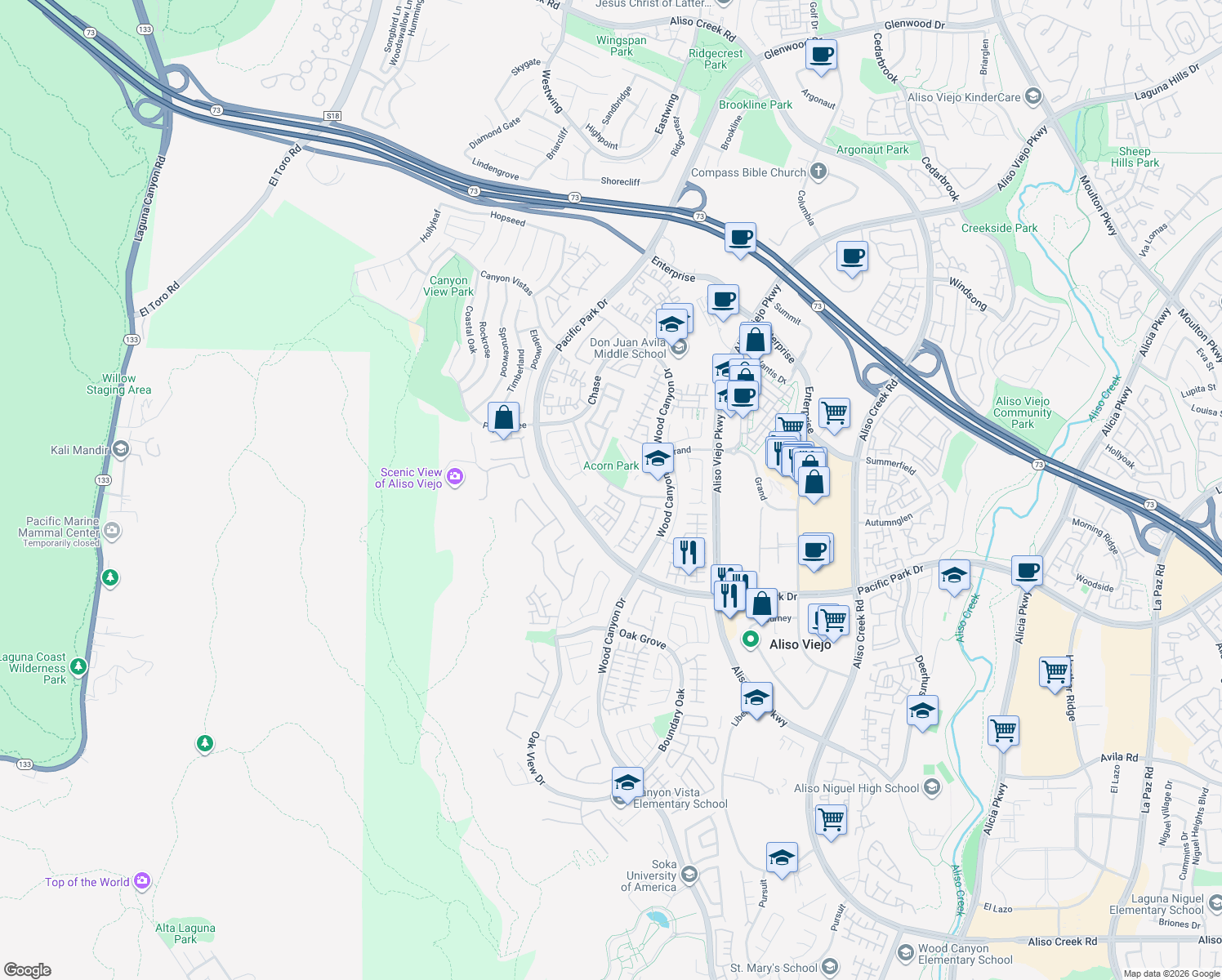 map of restaurants, bars, coffee shops, grocery stores, and more near 3 Aurora in Aliso Viejo