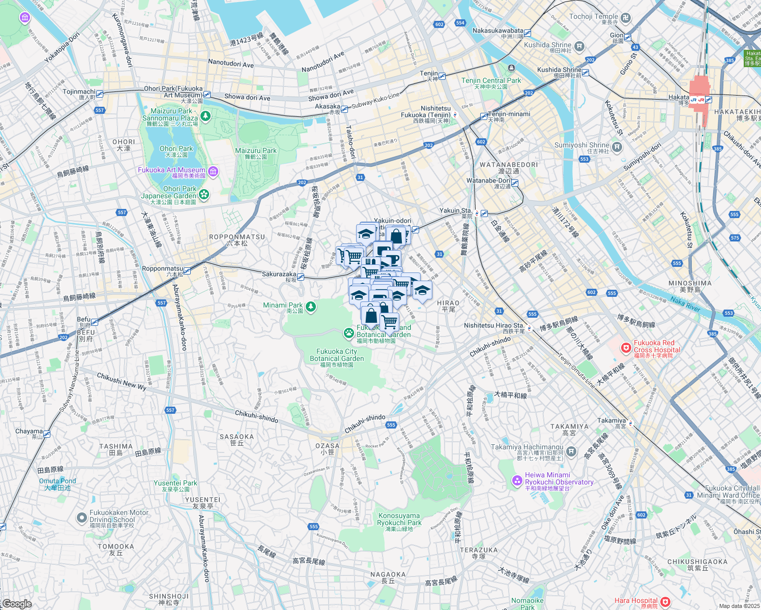 map of restaurants, bars, coffee shops, grocery stores, and more near  in Fukuoka
