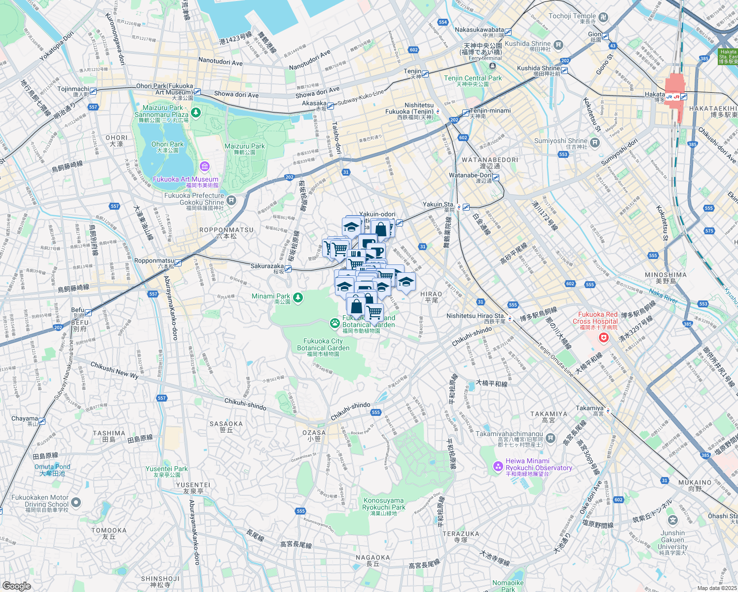map of restaurants, bars, coffee shops, grocery stores, and more near in Fukuoka