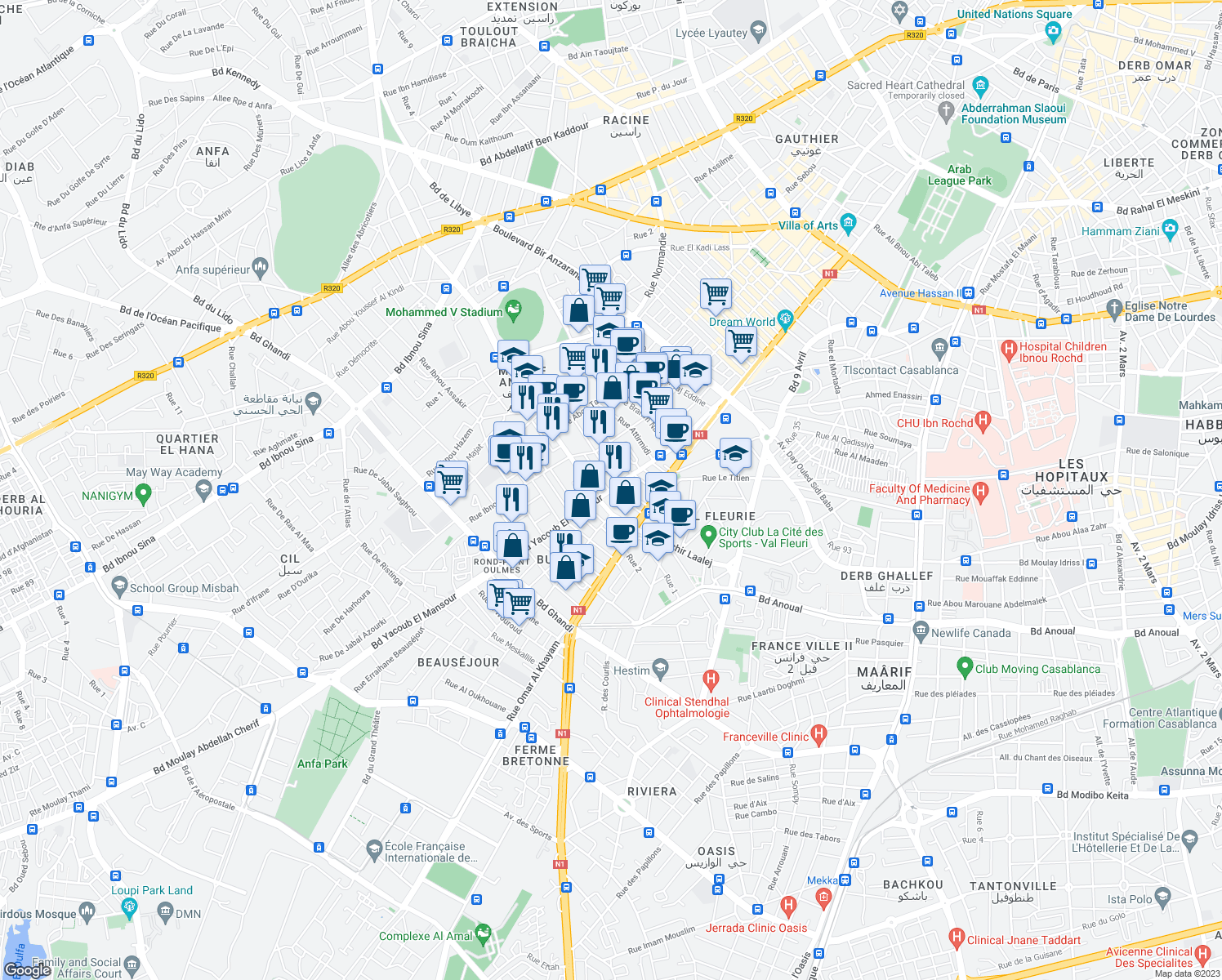 map of restaurants, bars, coffee shops, grocery stores, and more near Boulevard Yacoub El Mansour in Casablanca