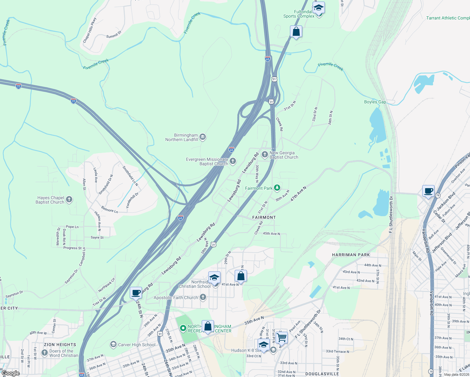 map of restaurants, bars, coffee shops, grocery stores, and more near 5113 30th Street North in Birmingham