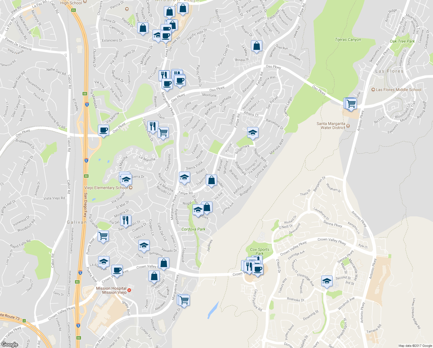 map of restaurants, bars, coffee shops, grocery stores, and more near 26665 Baronet in Mission Viejo