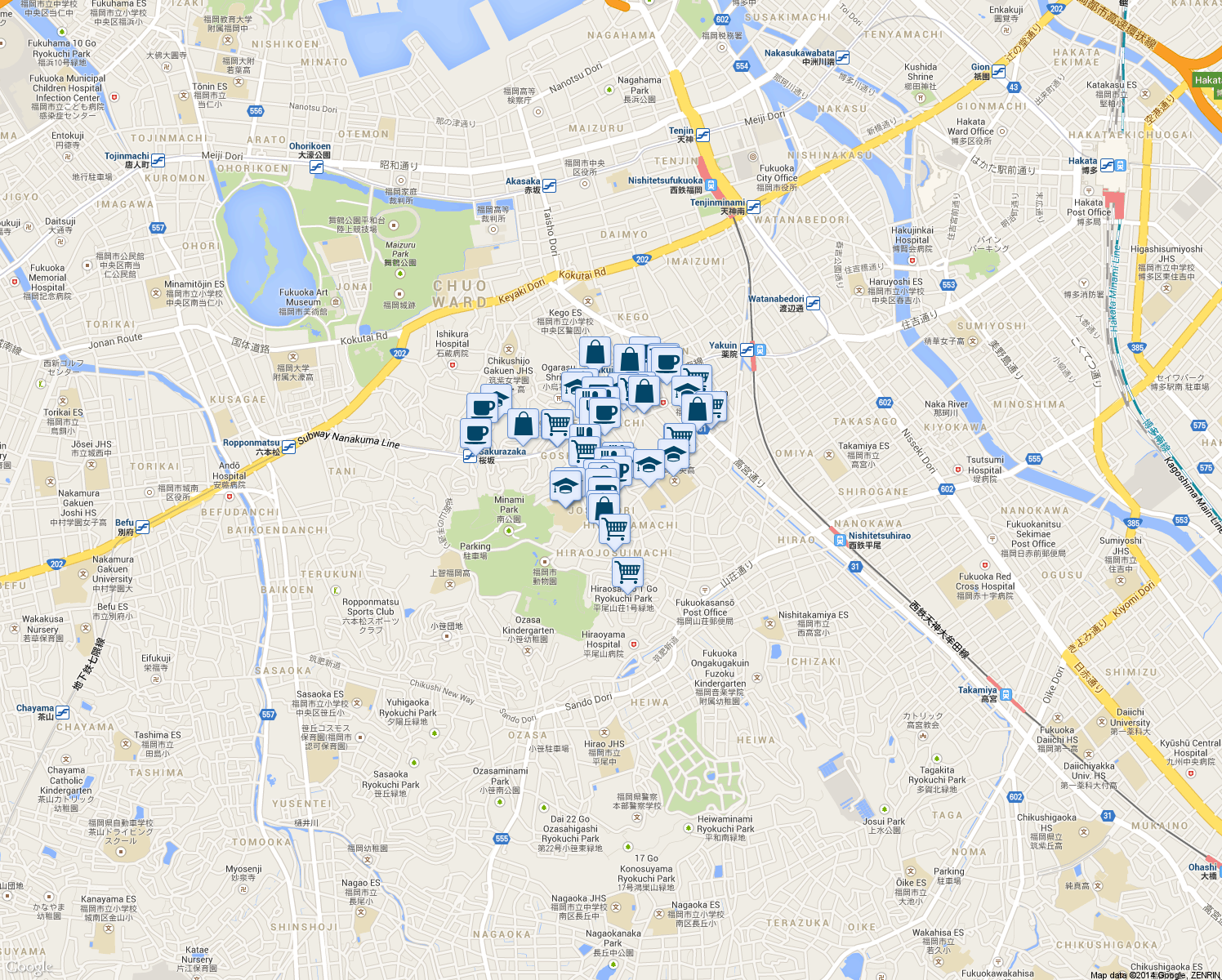 map of restaurants, bars, coffee shops, grocery stores, and more near  in Fukuoka