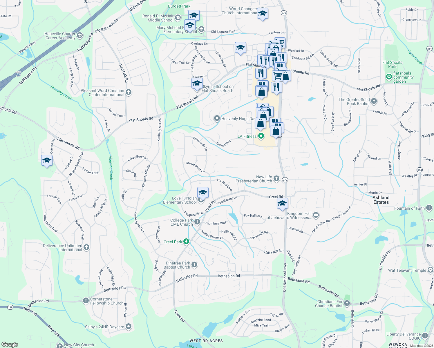 map of restaurants, bars, coffee shops, grocery stores, and more near 625 Butterfield Lane in College Park