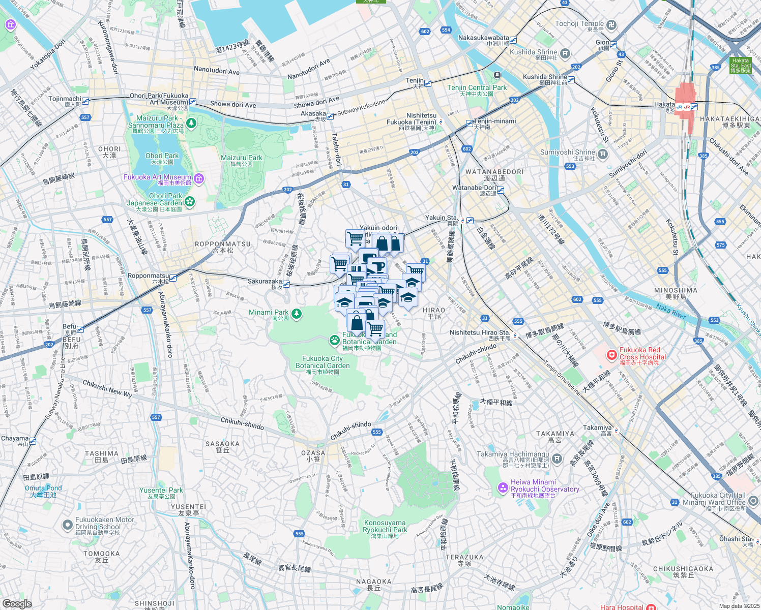 map of restaurants, bars, coffee shops, grocery stores, and more near  in Fukuoka-shi
