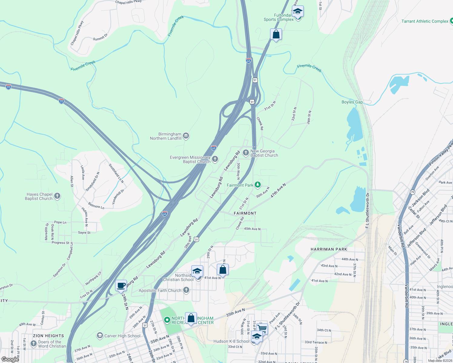 map of restaurants, bars, coffee shops, grocery stores, and more near 5113 30th Street North in Birmingham