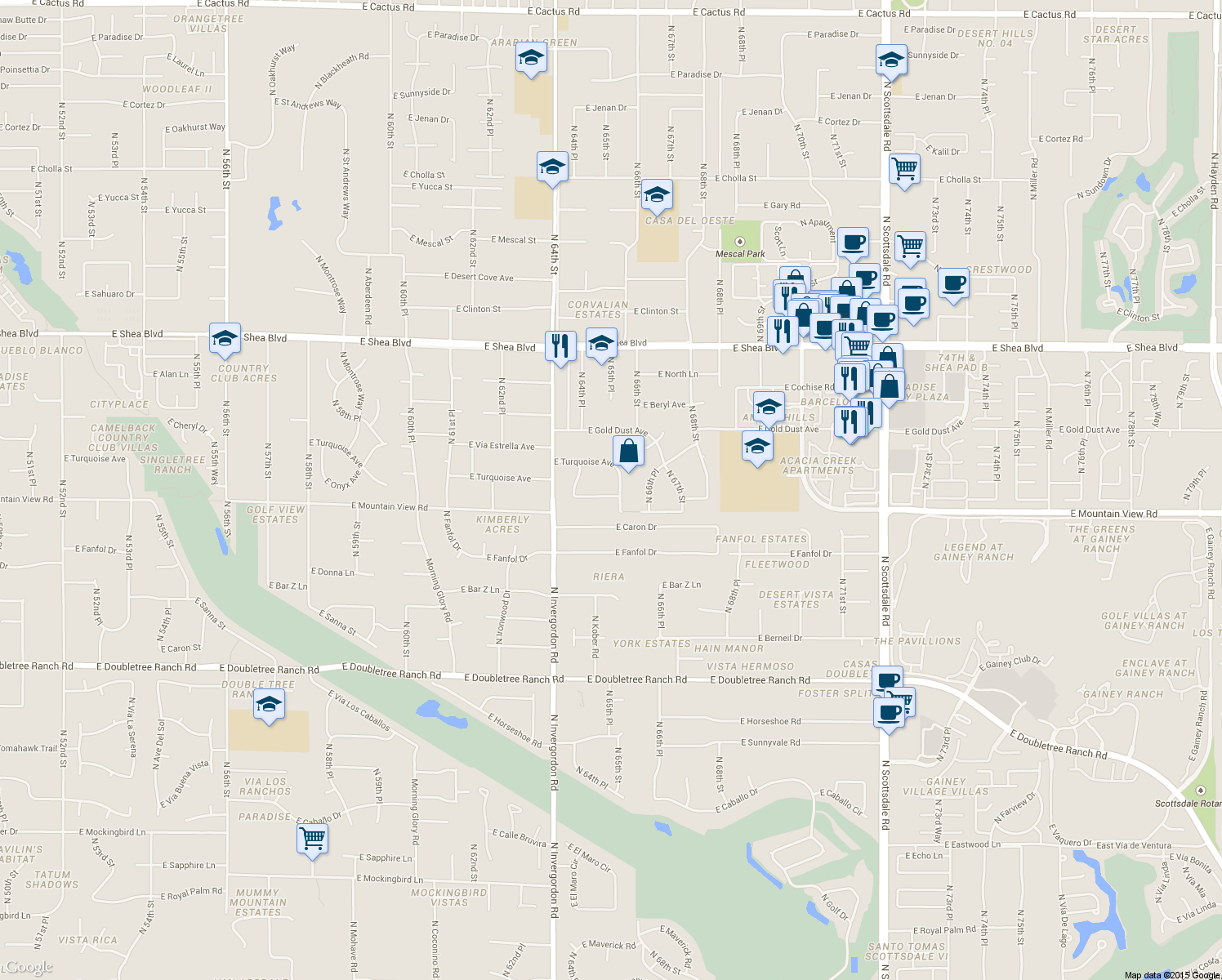 map of restaurants, bars, coffee shops, grocery stores, and more near 9818 North 65th Place in Paradise Valley