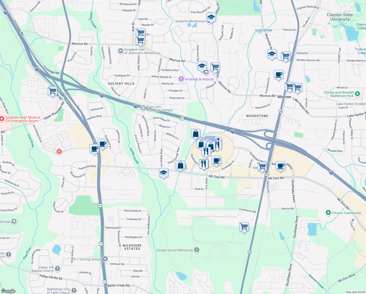 map of restaurants, bars, coffee shops, grocery stores, and more near 6540 King George Way in Morrow