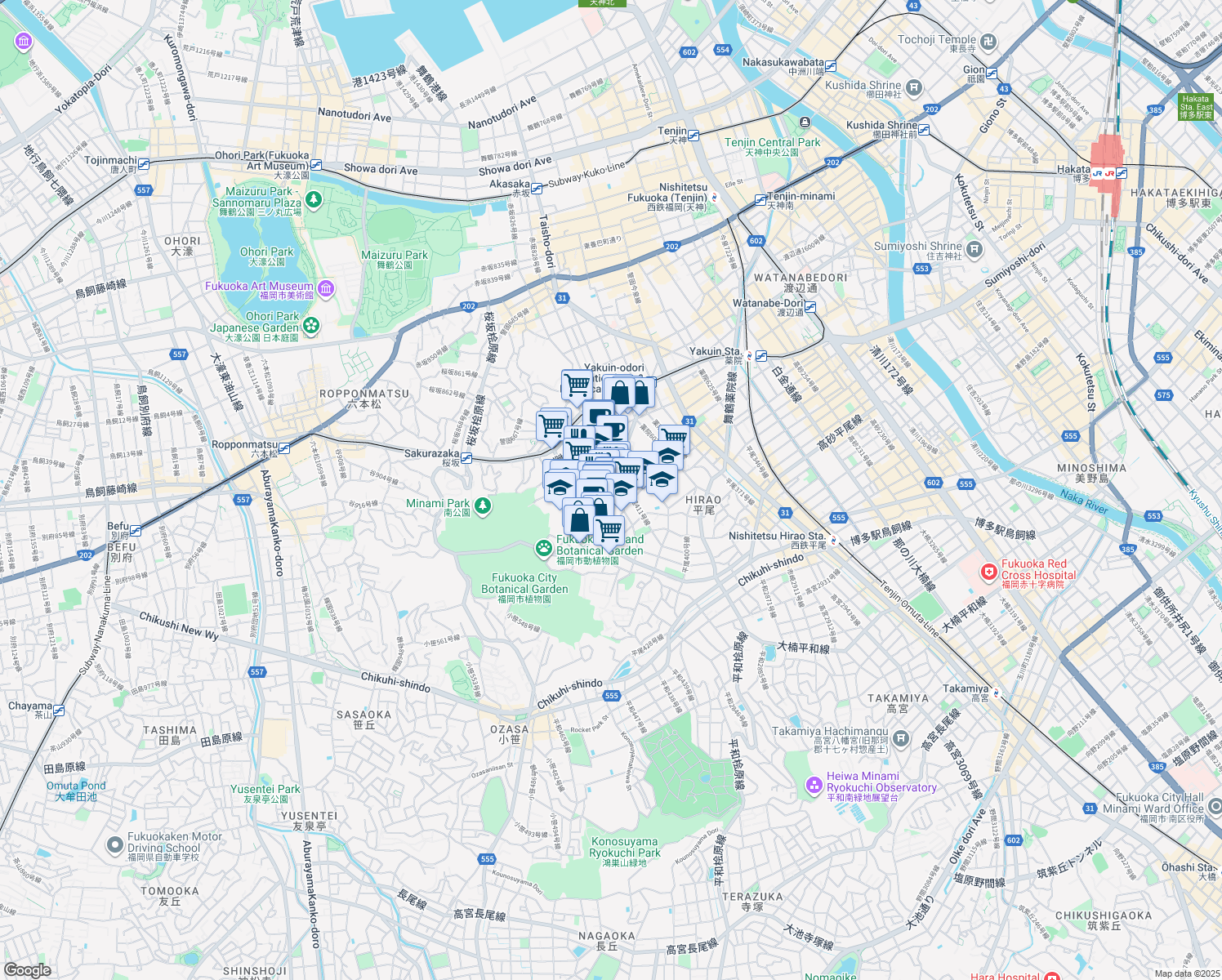 map of restaurants, bars, coffee shops, grocery stores, and more near  in Fukuoka-shi