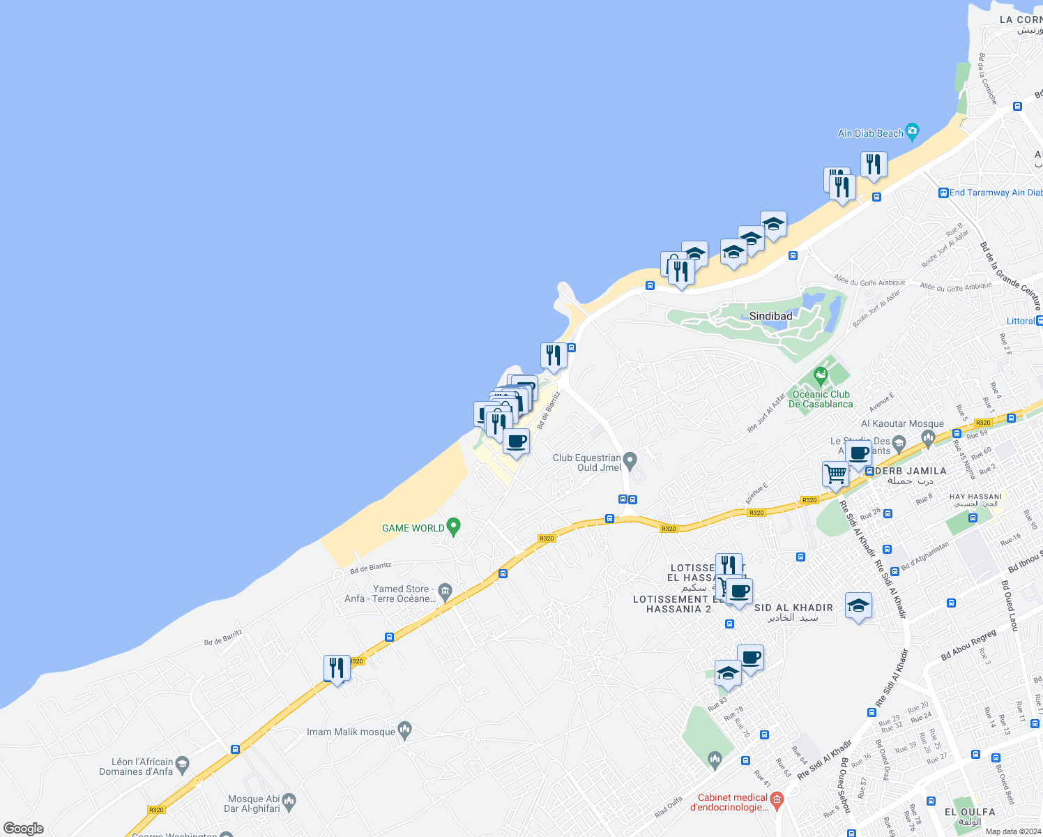 map of restaurants, bars, coffee shops, grocery stores, and more near Boulevard de Biarritz in Casablanca