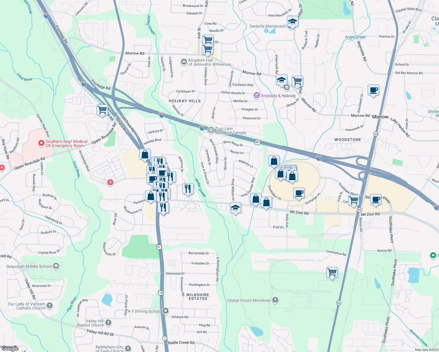 map of restaurants, bars, coffee shops, grocery stores, and more near 6540 Boca Grande Boulevard in Forest Park
