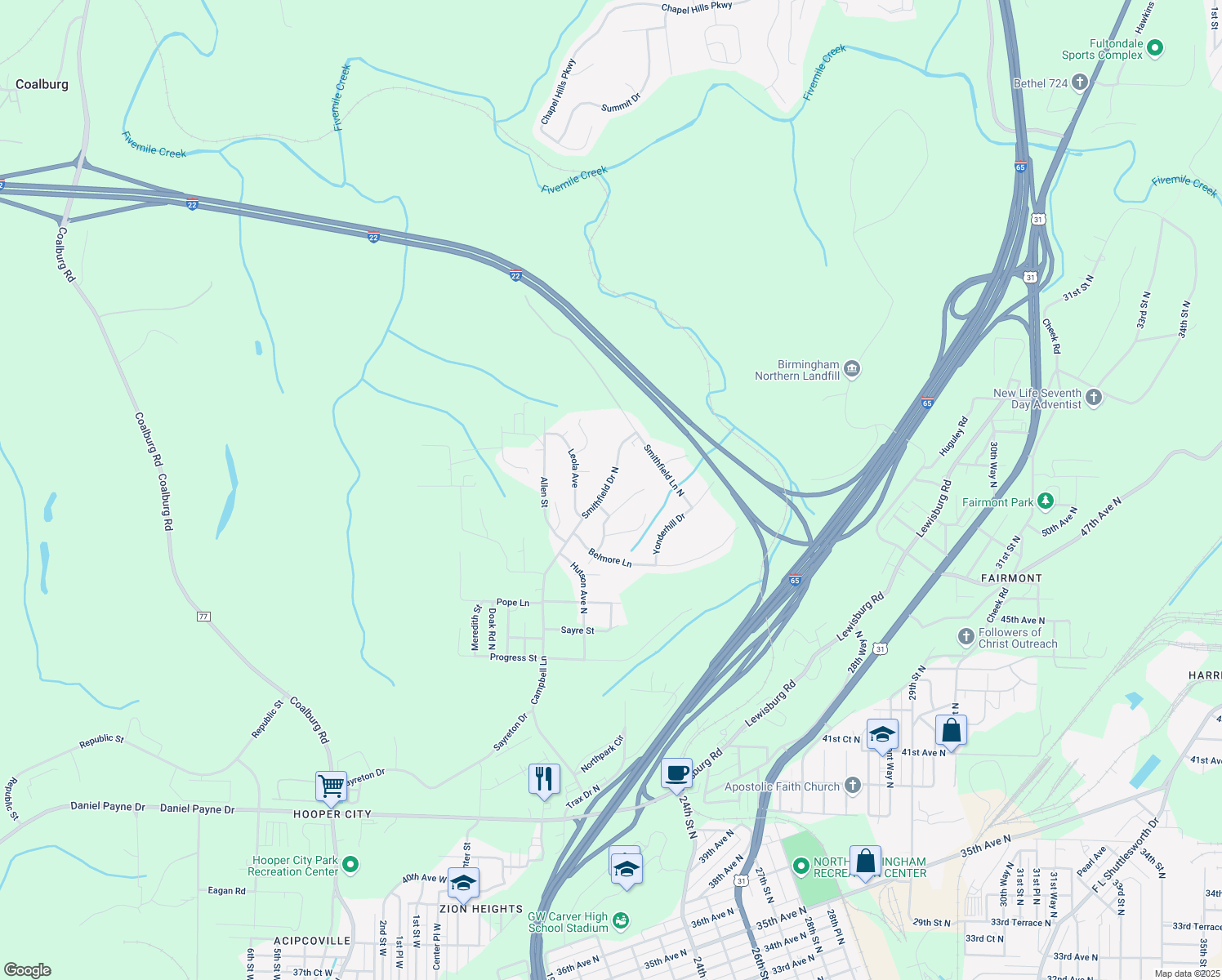 map of restaurants, bars, coffee shops, grocery stores, and more near 4809 Smithfield Drive North in Birmingham