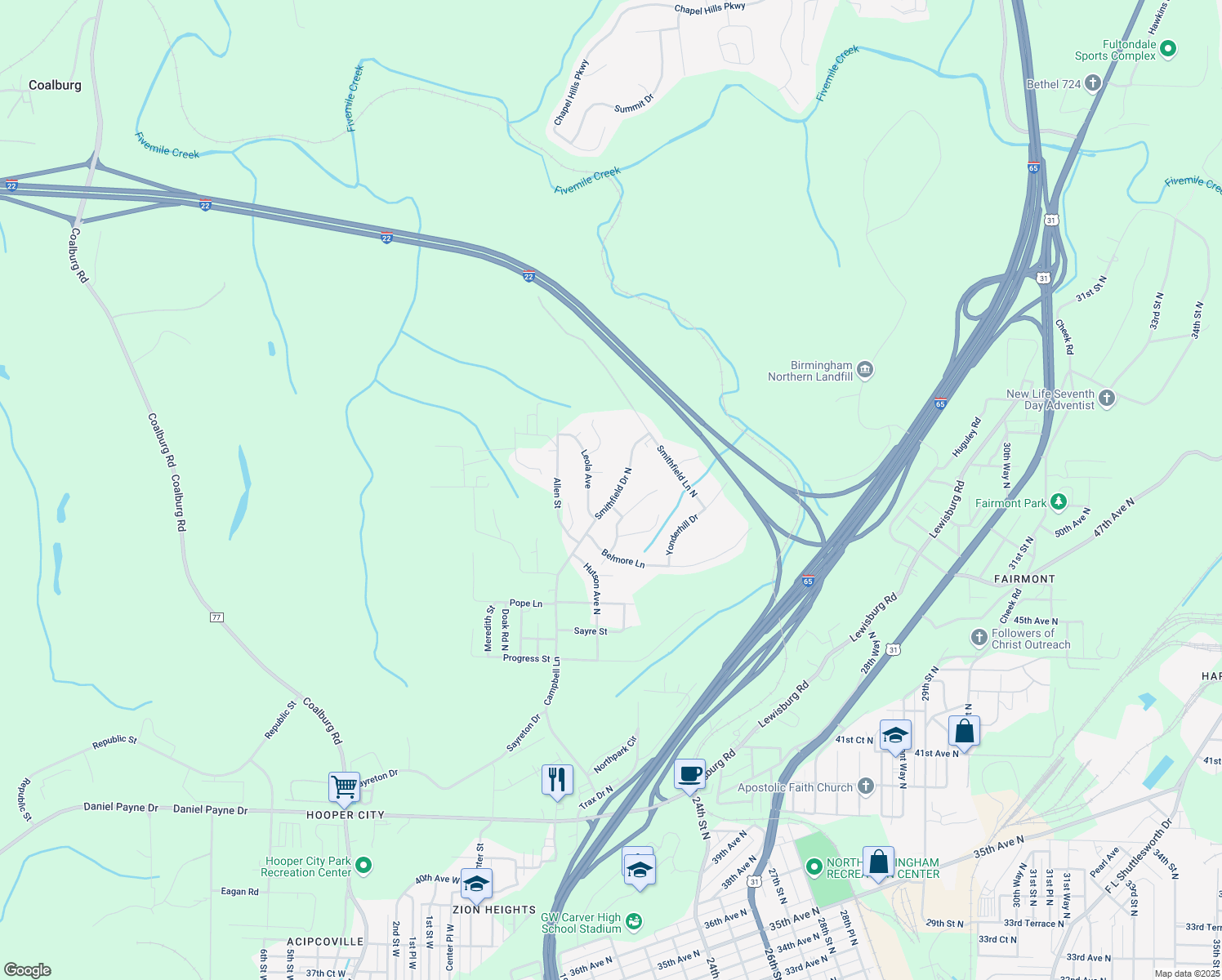 map of restaurants, bars, coffee shops, grocery stores, and more near 4809 North Smithfield Drive in Birmingham