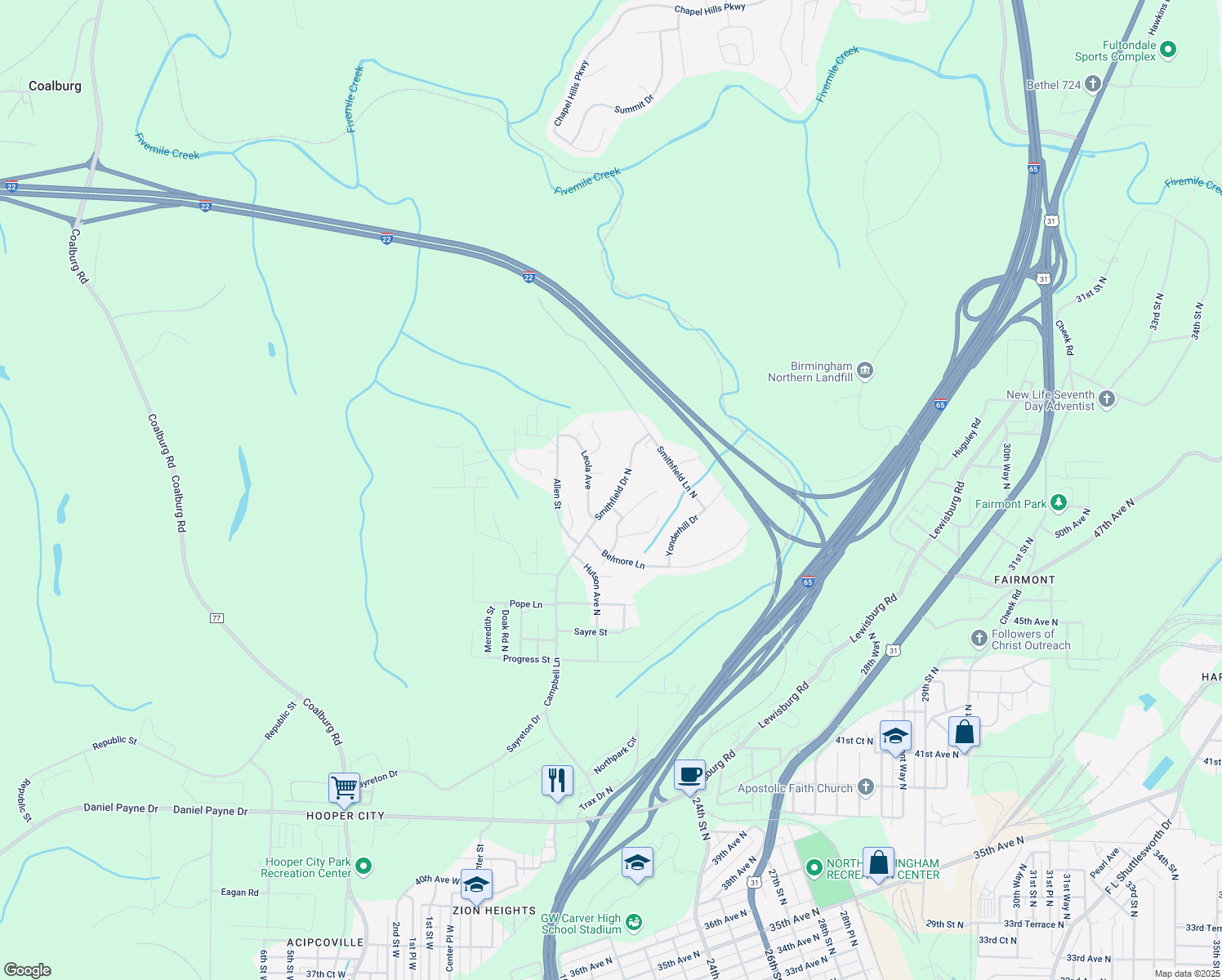 map of restaurants, bars, coffee shops, grocery stores, and more near 4809 North Smithfield Drive in Birmingham