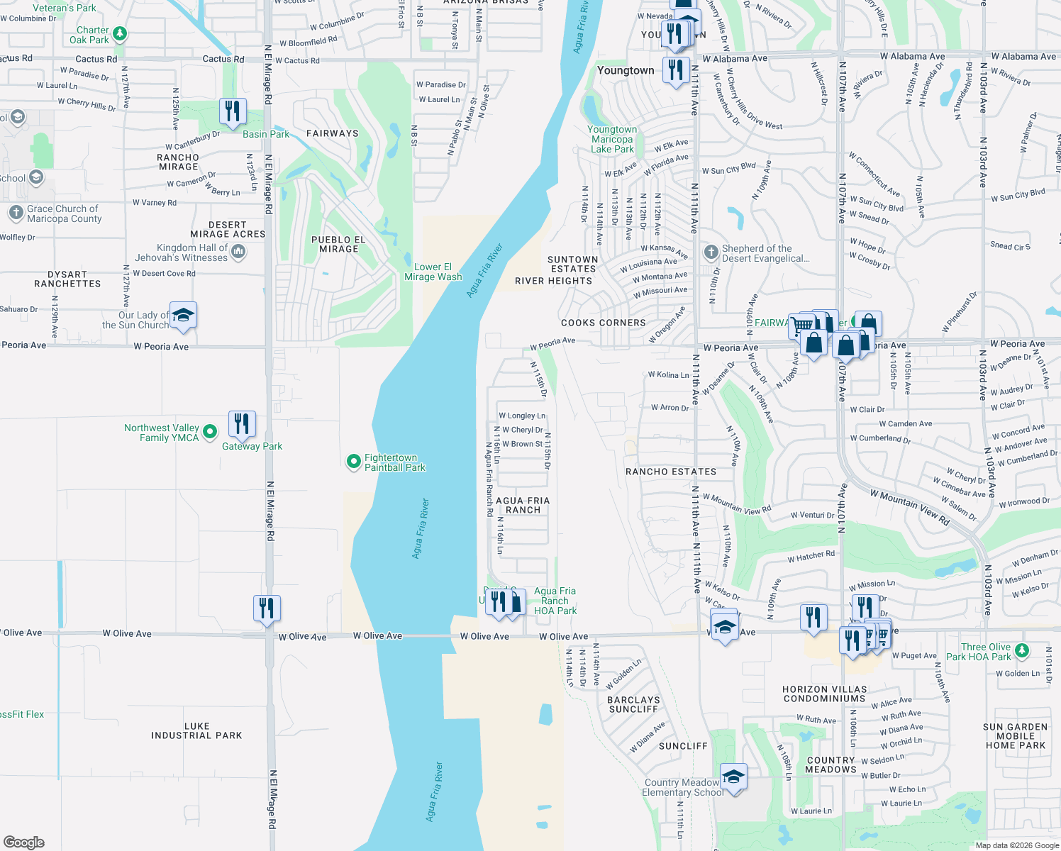 map of restaurants, bars, coffee shops, grocery stores, and more near 11572 West Cheryl Drive in Youngtown