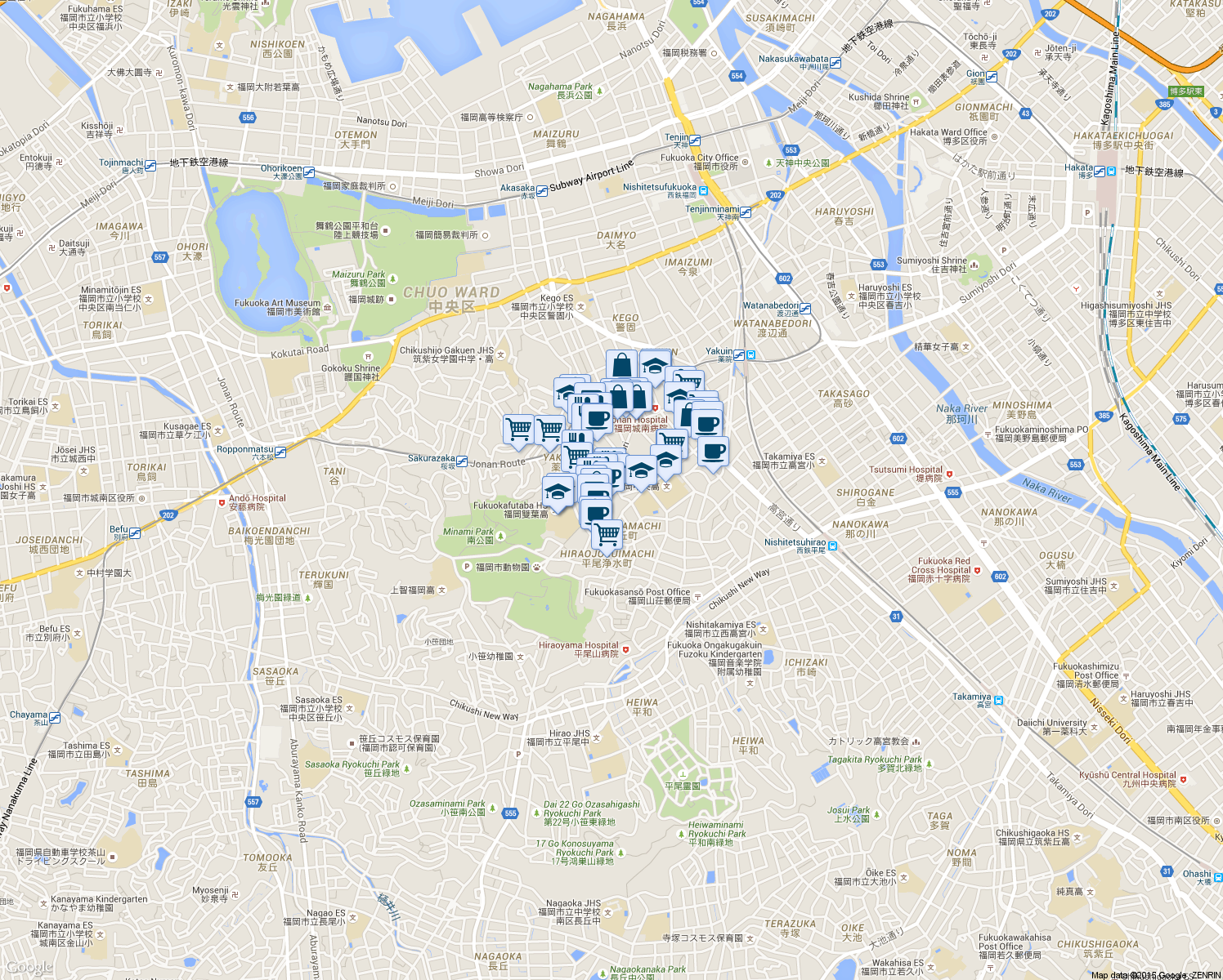 map of restaurants, bars, coffee shops, grocery stores, and more near  in Fukuoka-shi