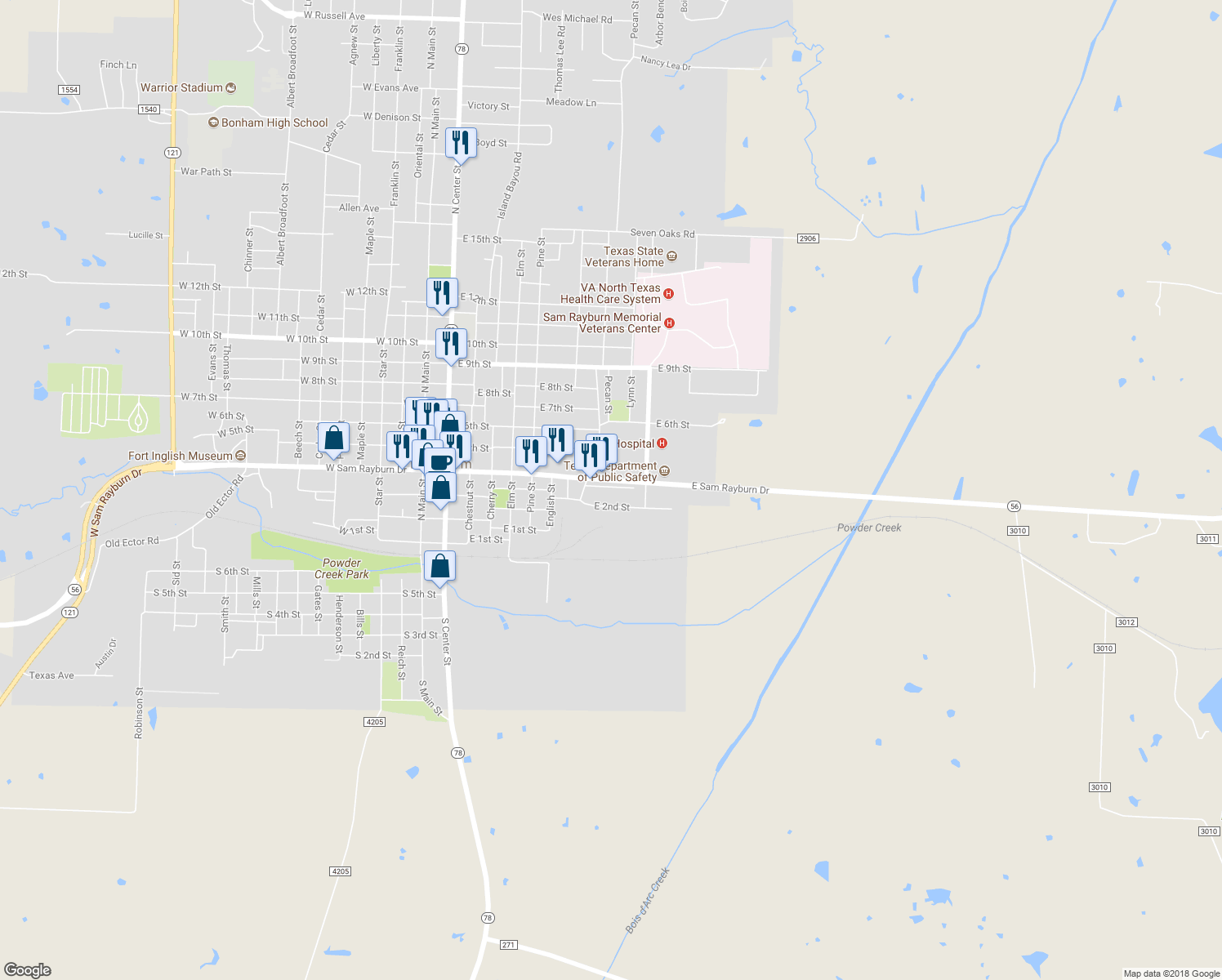 map of restaurants, bars, coffee shops, grocery stores, and more near 904 East 3rd Street in Bonham