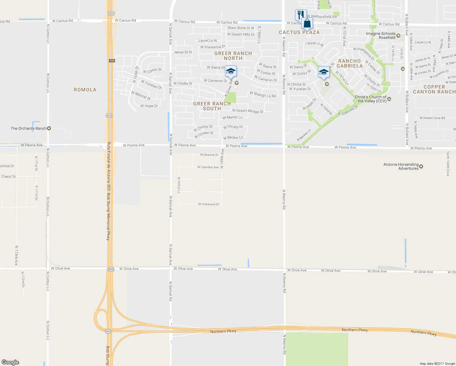 map of restaurants, bars, coffee shops, grocery stores, and more near 15833 West Cheryl Court in Waddell