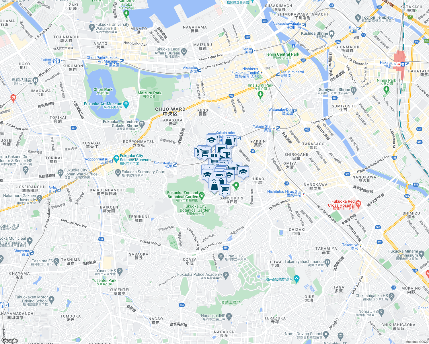 map of restaurants, bars, coffee shops, grocery stores, and more near  in Fukuoka