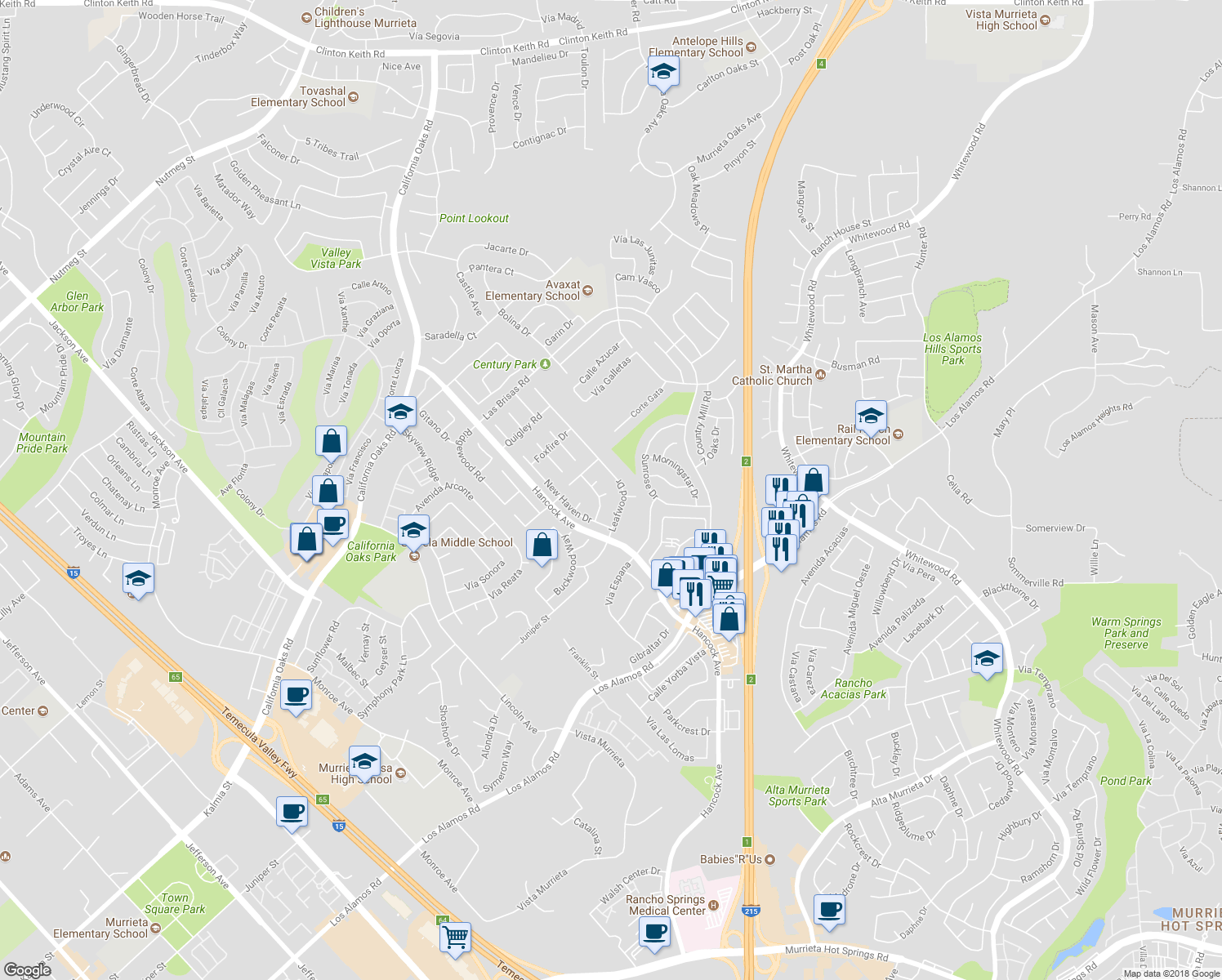 map of restaurants, bars, coffee shops, grocery stores, and more near 39865 Moria Court in Murrieta
