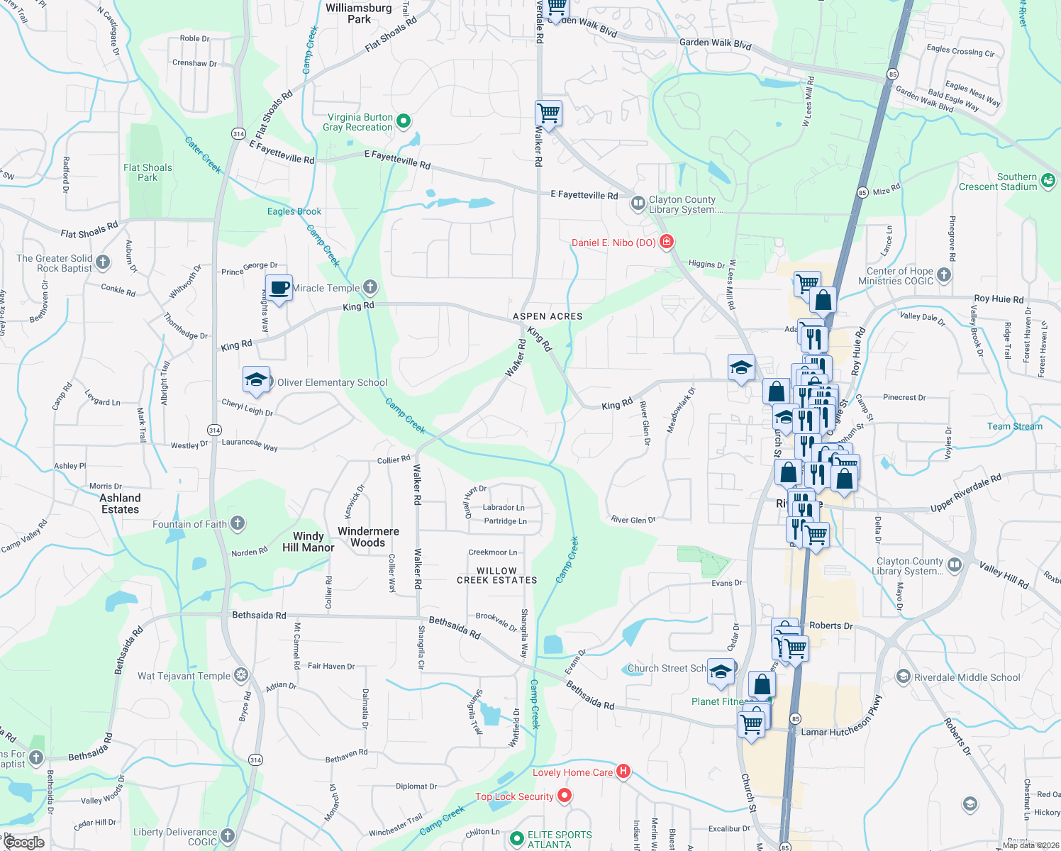 map of restaurants, bars, coffee shops, grocery stores, and more near 6588 Creekview Court in Riverdale