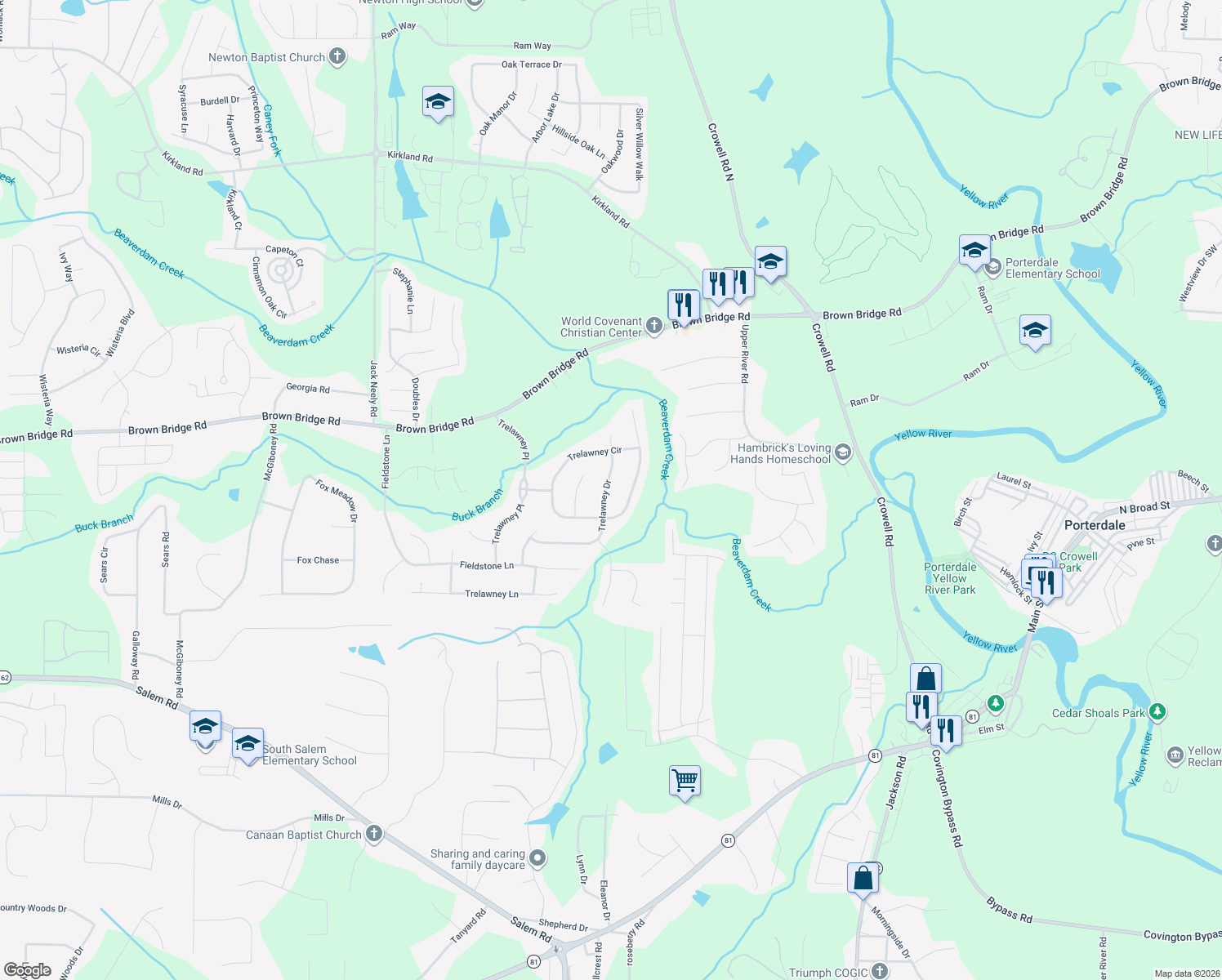map of restaurants, bars, coffee shops, grocery stores, and more near 200 Trelawney Drive in Covington